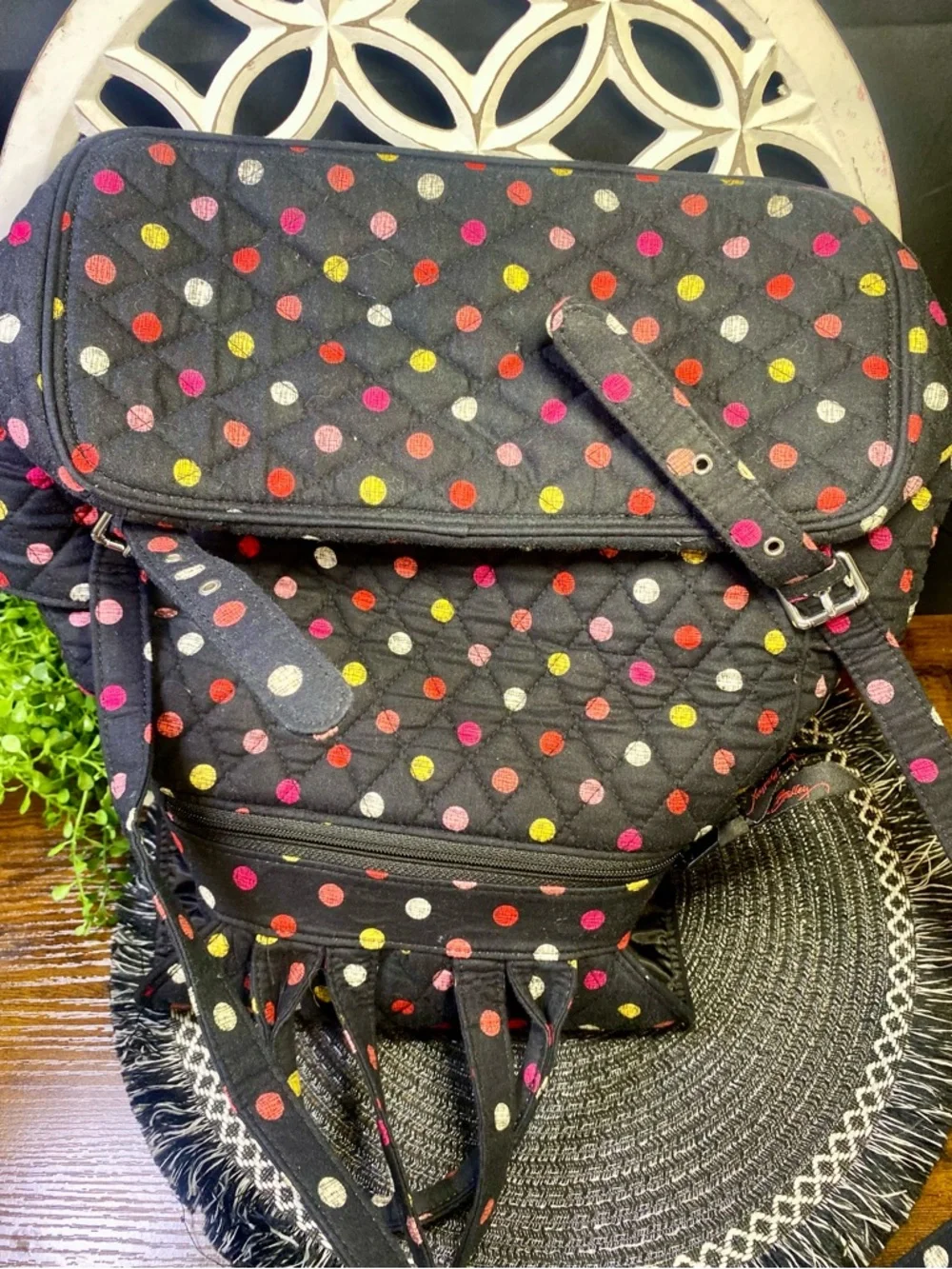 NWOT Vera Bradley Havana Dot Black Quilted Backpack‎ with Multicolor Dots
